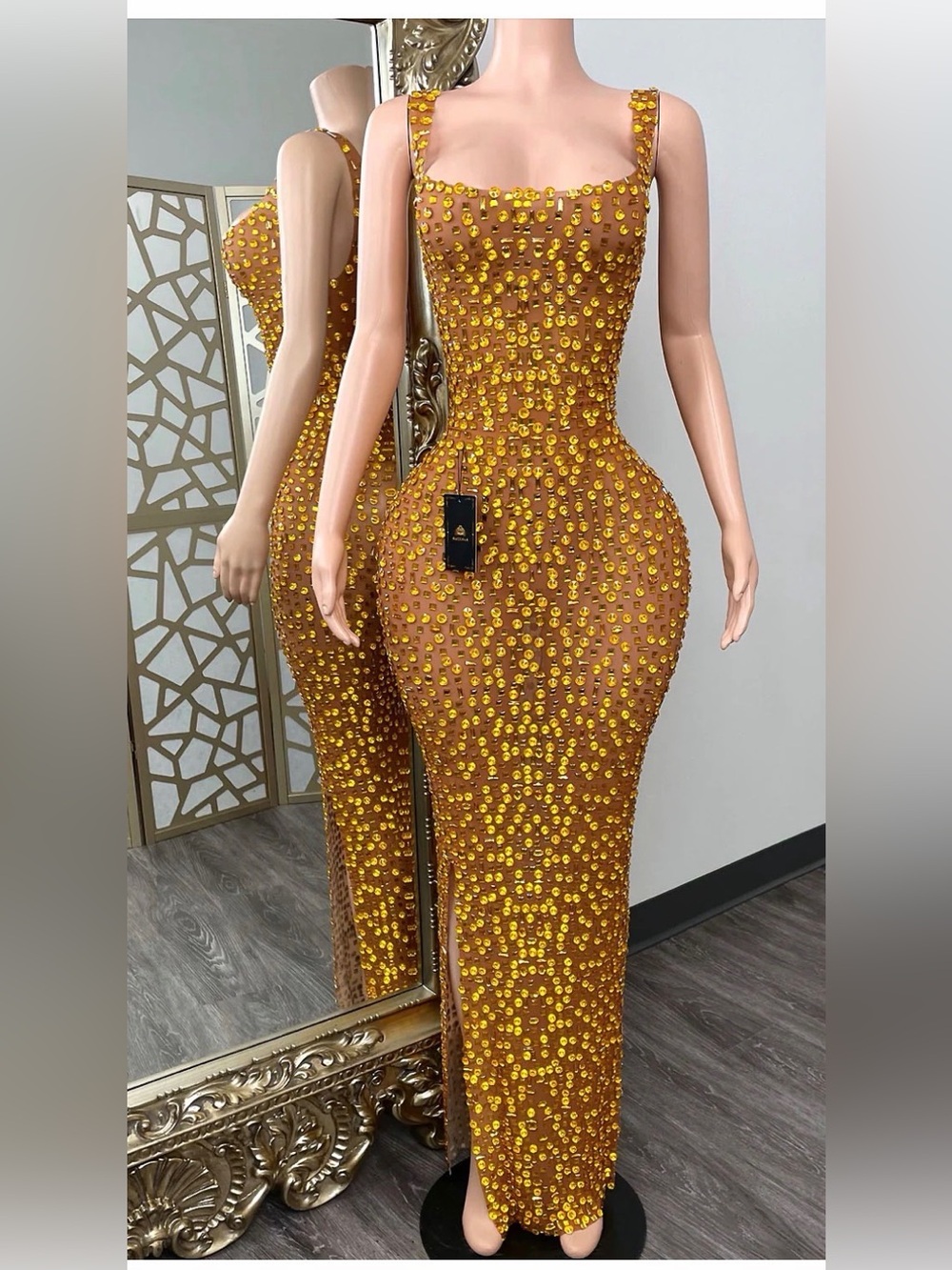 Gold Sequin Maxi Dress with Front Slit